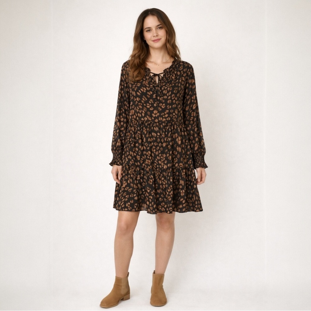 beachlunchlounge Black and Brown Boho Long Sleeve Dress. Size Medium.